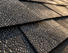 Macro detail of charcoal architectural asphalt shingles showing layered dimensional tabs
