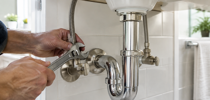 Plumbing tools tightening a faucet supply connection under a modern bathroom vanity