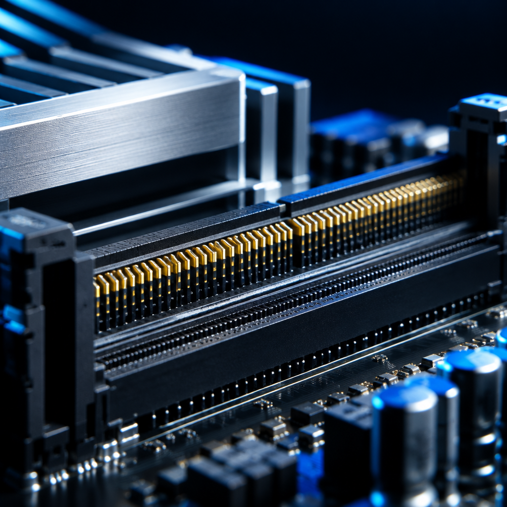 Macro view of server-grade memory contacts on a high-end motherboard