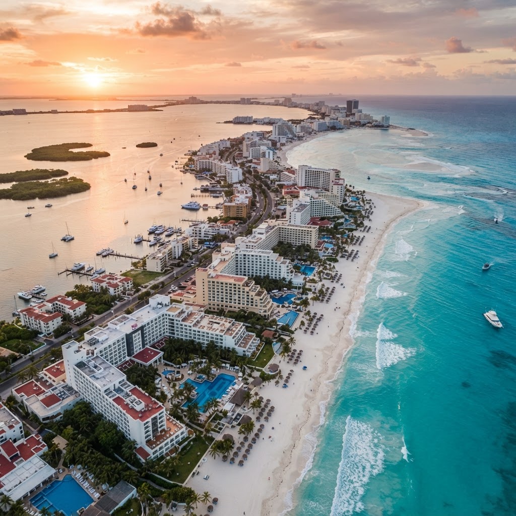 Zona Hotelera de Cancún desde el aire
