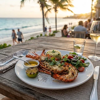 Cena de langosta caribeña frente al mar