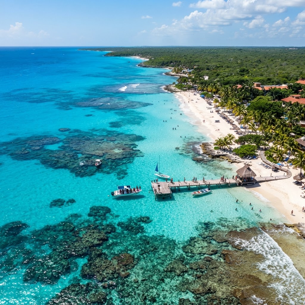 Vista aérea de la isla de Cozumel, su arrecife y las playas de arena blanca