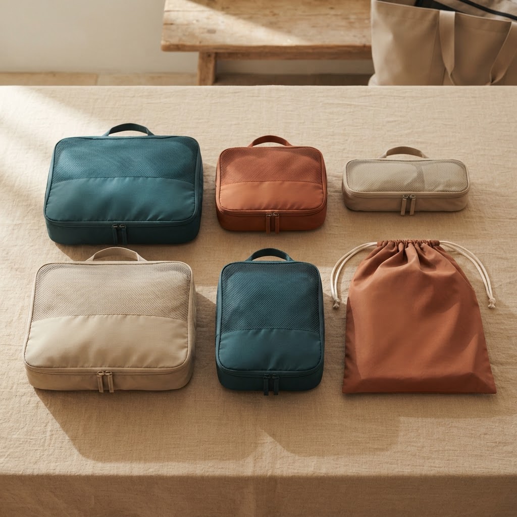 Full-Size Packing Cube Set in Deep Teal Grid