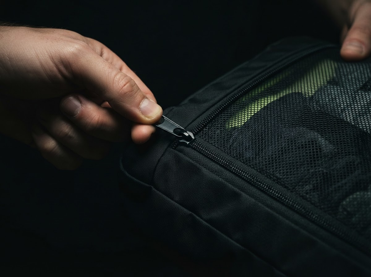Hands zipping a packing cube closed
