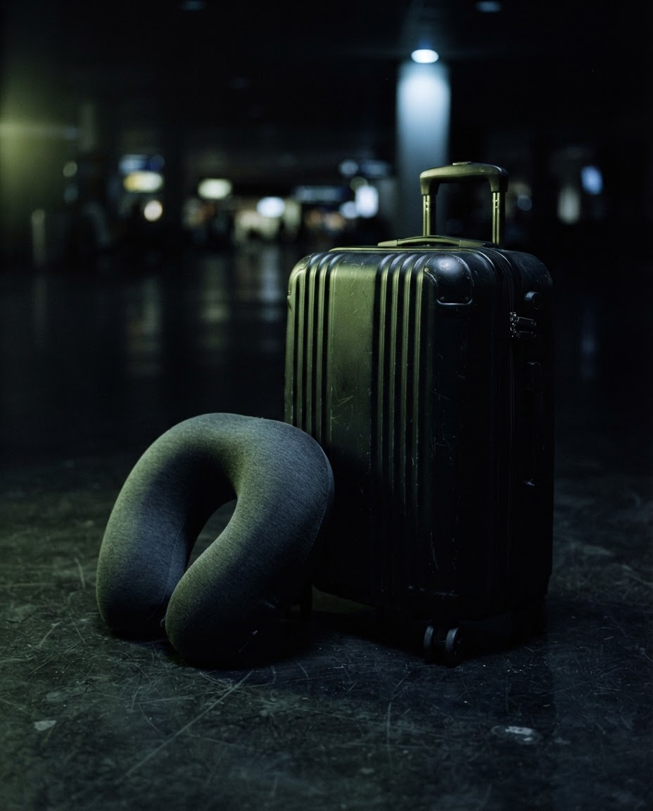 A packed suitcase and a travel pillow against near-black, lit from the side