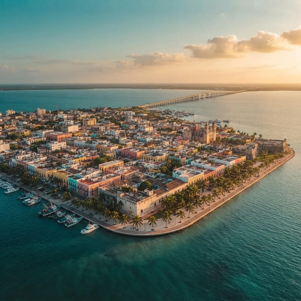 Vista aérea de Ciudad del Carmen al atardecer: el malecón y sus palmeras, la Laguna de Términos, el Puente Zacatal y el Golfo de México