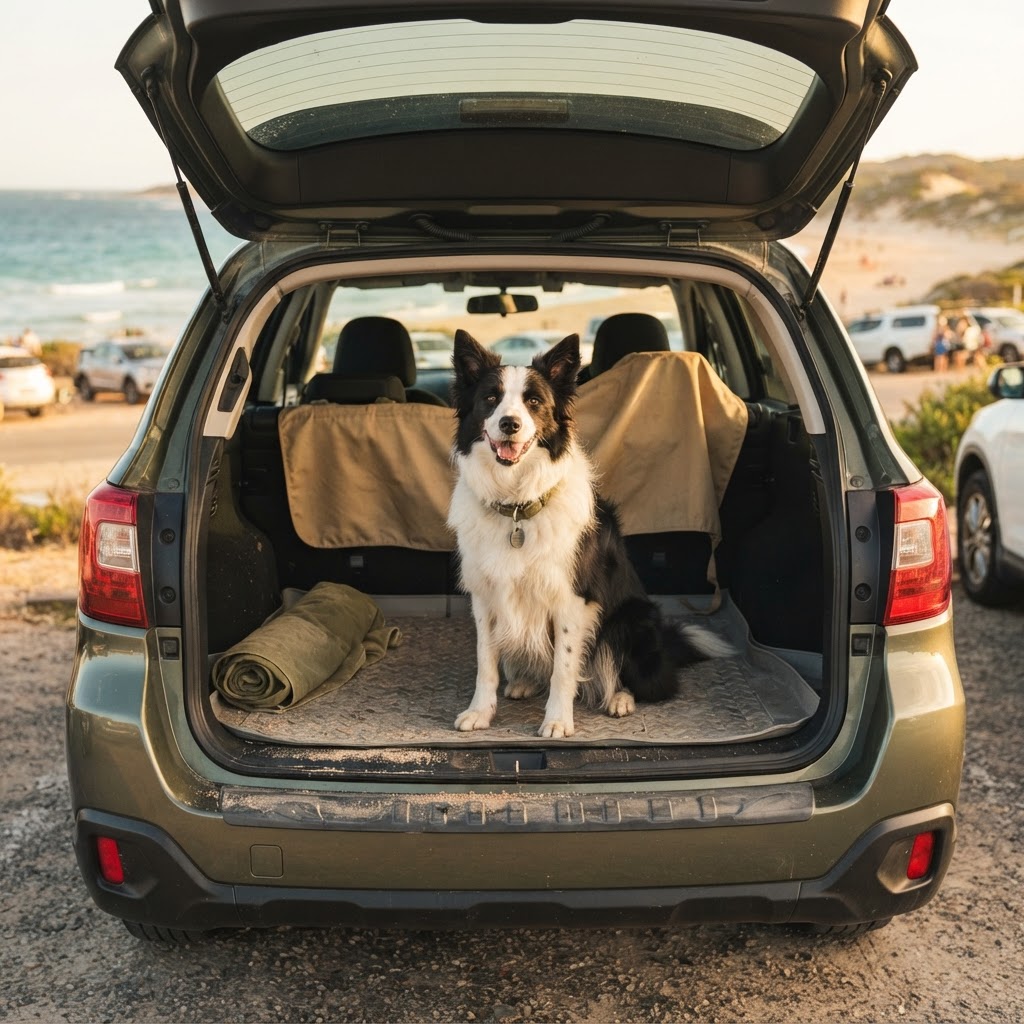 Dog ready for a road trip at an Australian beach car park