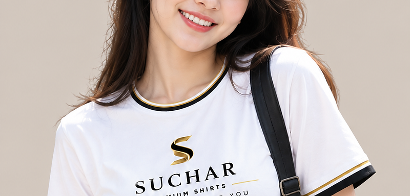 Model wearing a custom Suchar premium shirt with the gold S logo