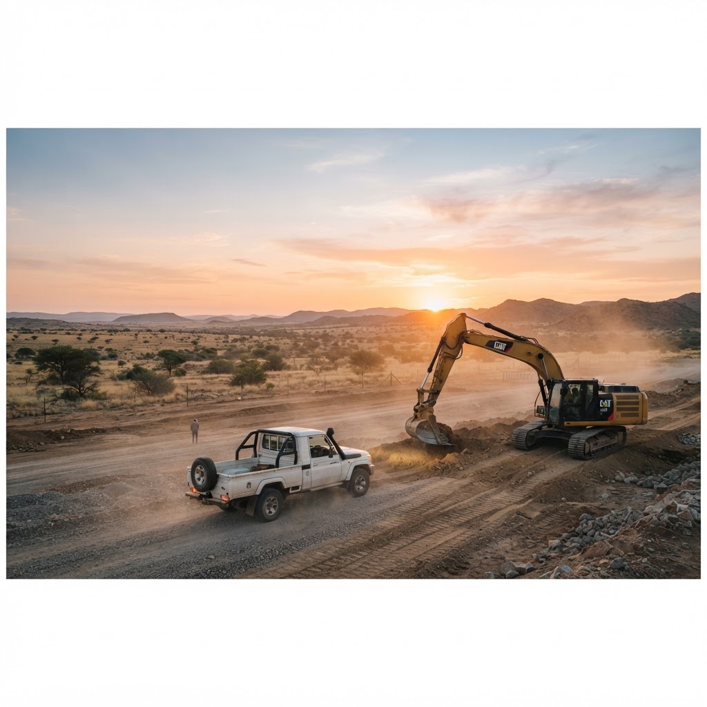 Rental equipment on a Namibian job site at dawn