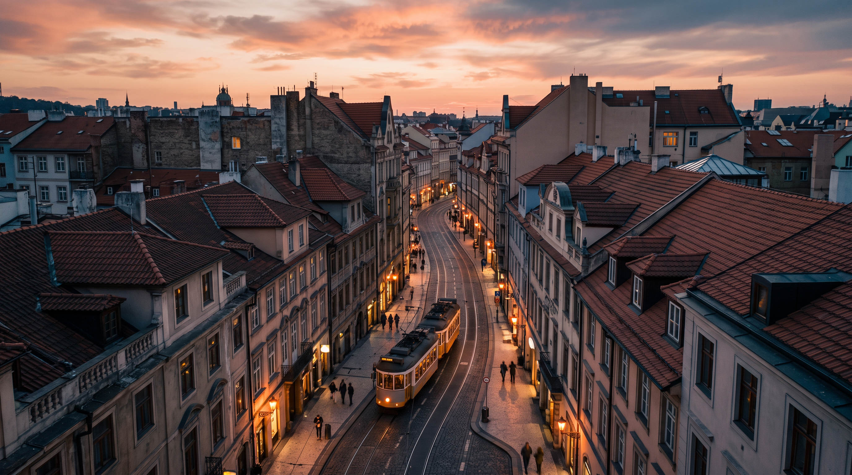 A tram winding through a European old town at sunset