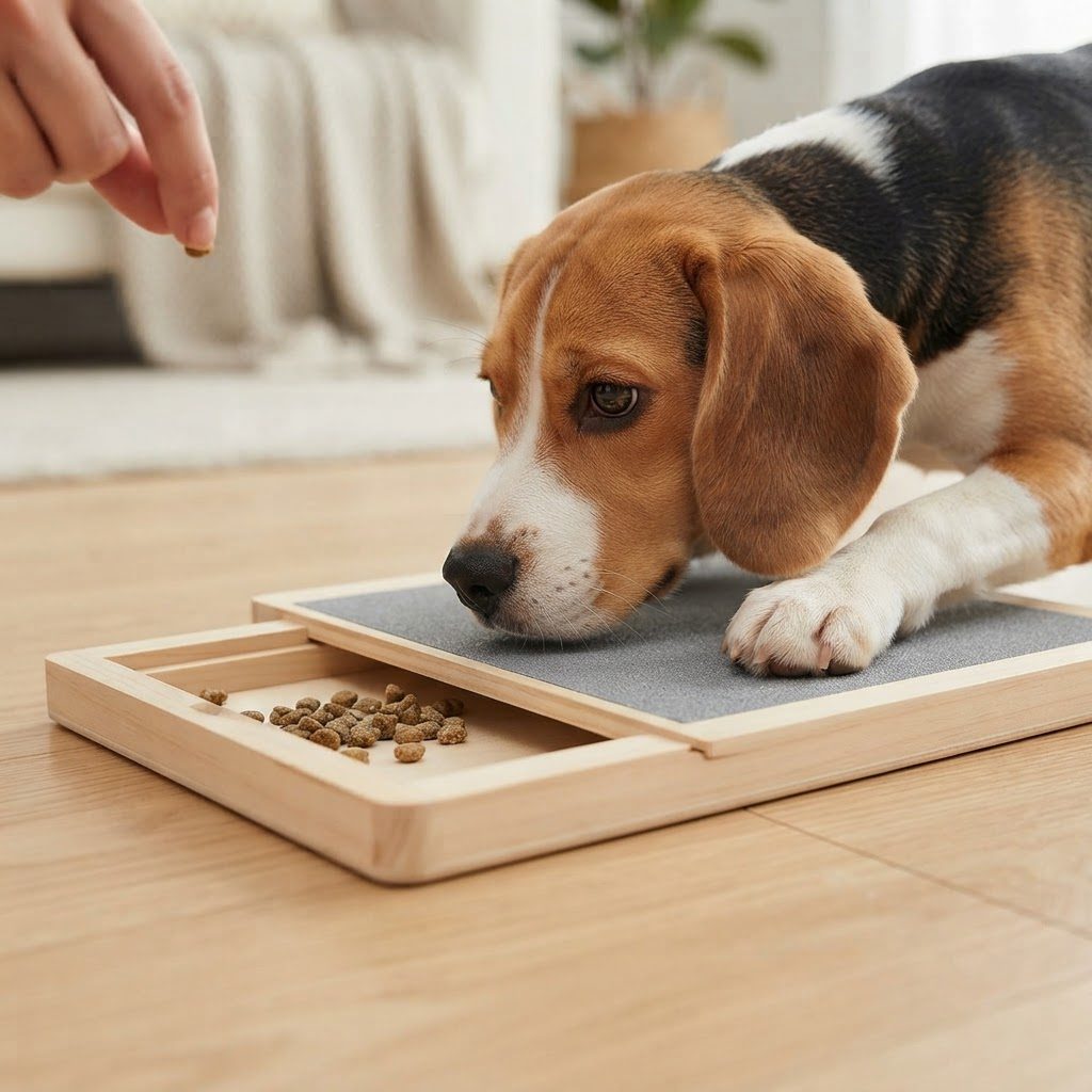 Beagle sniffing treats on the ScratchStash board