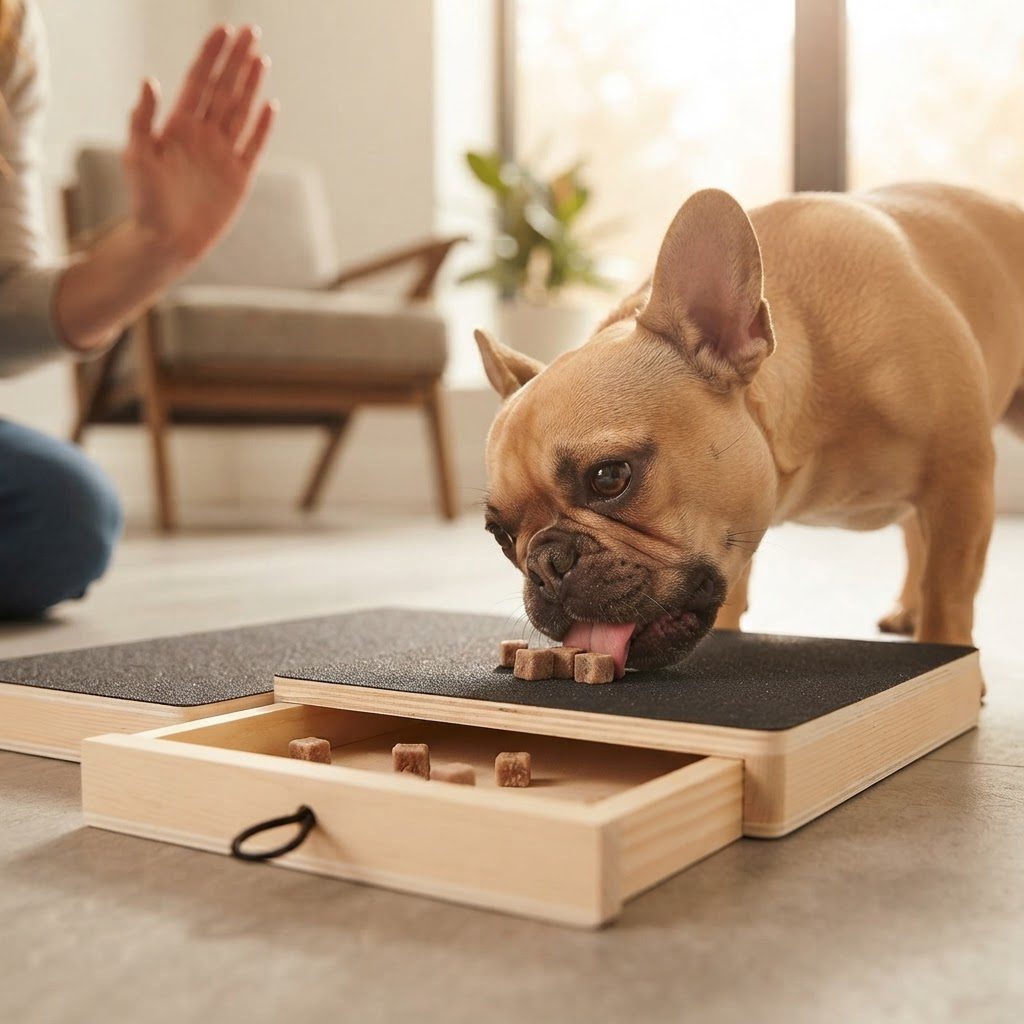 French bulldog eating treats from the ScratchStash pull-out drawer