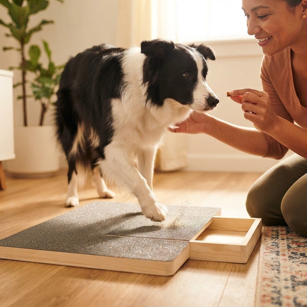 Border collie scratching the ScratchStash board while owner offers a treat
