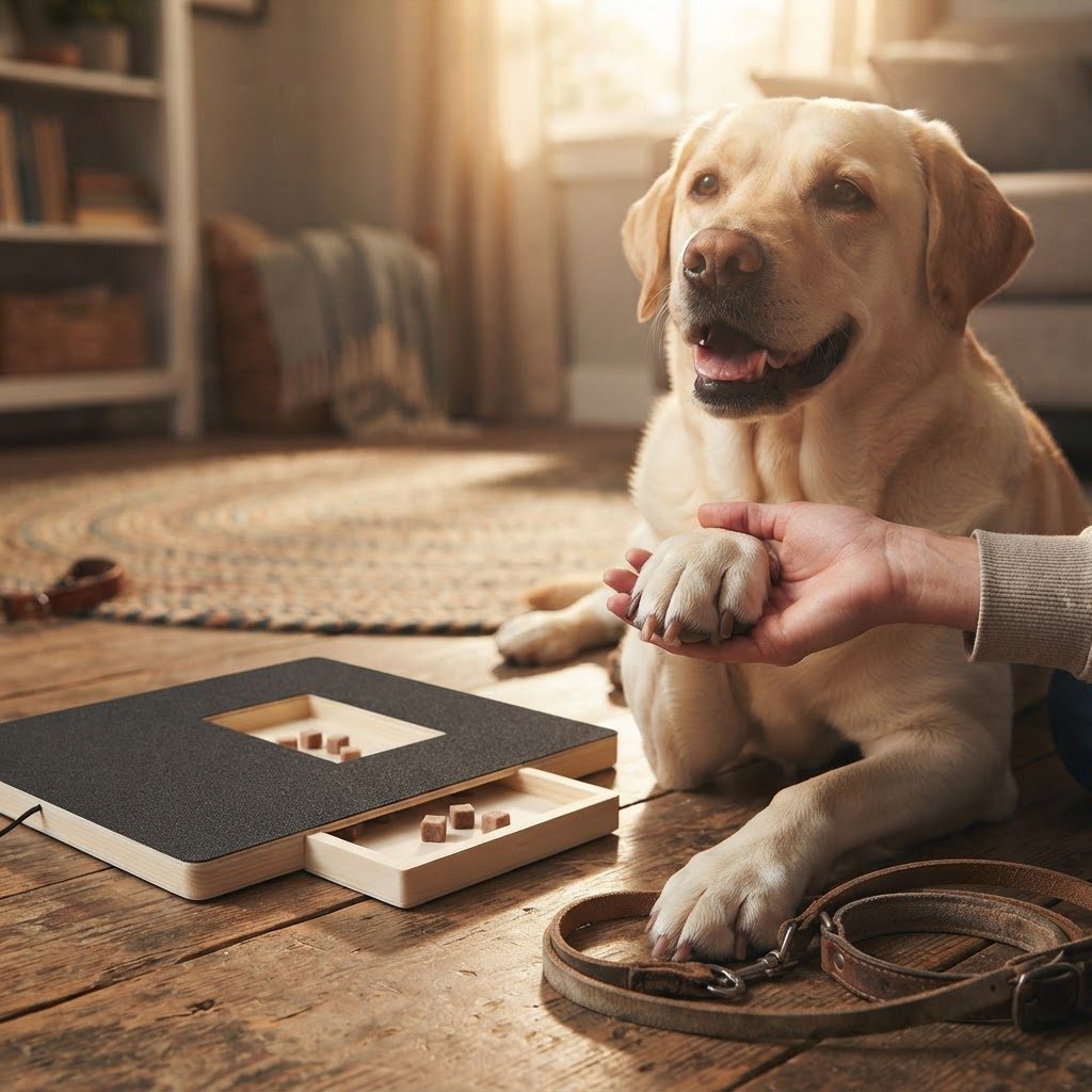 Owner checking a labrador's smooth nails after a session