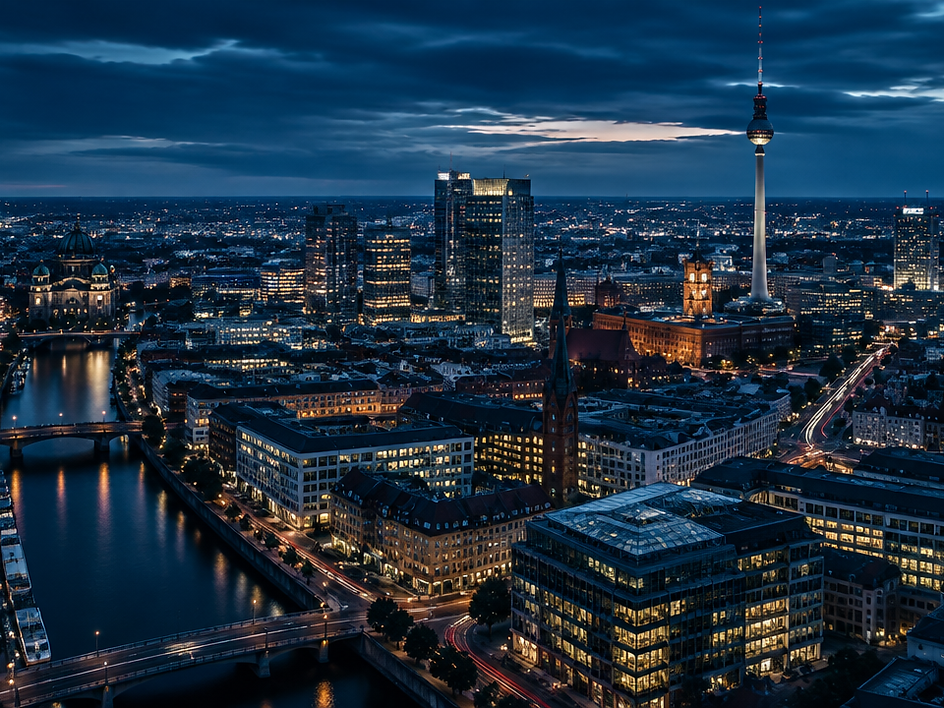 Nächtliche Großstadtaufnahme mit modernen Bürogebäuden