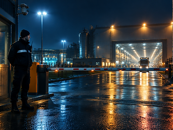 Sicherheitsmitarbeiter am Werkstor eines Industrieobjekts bei Nacht