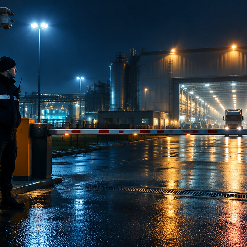 Sicherheitsmitarbeiter am Werkstor eines Industrieobjekts bei Nacht