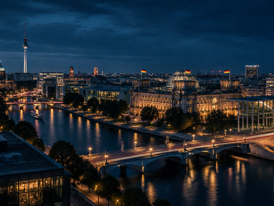 Blick über eine deutsche Großstadt bei Nacht