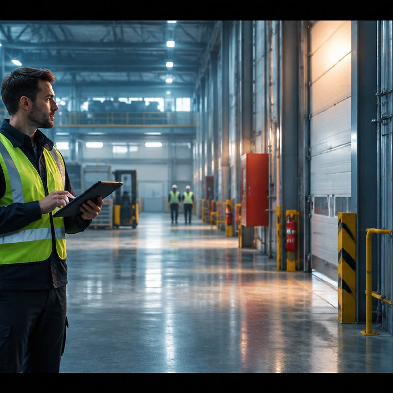 Fachkraft mit Warnweste und Tablet kontrolliert eine Industriehalle