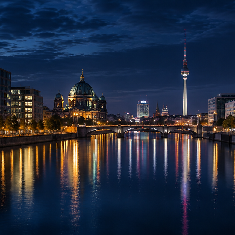Berlin bei Nacht mit beleuchteten Brücken und Bürotürmen