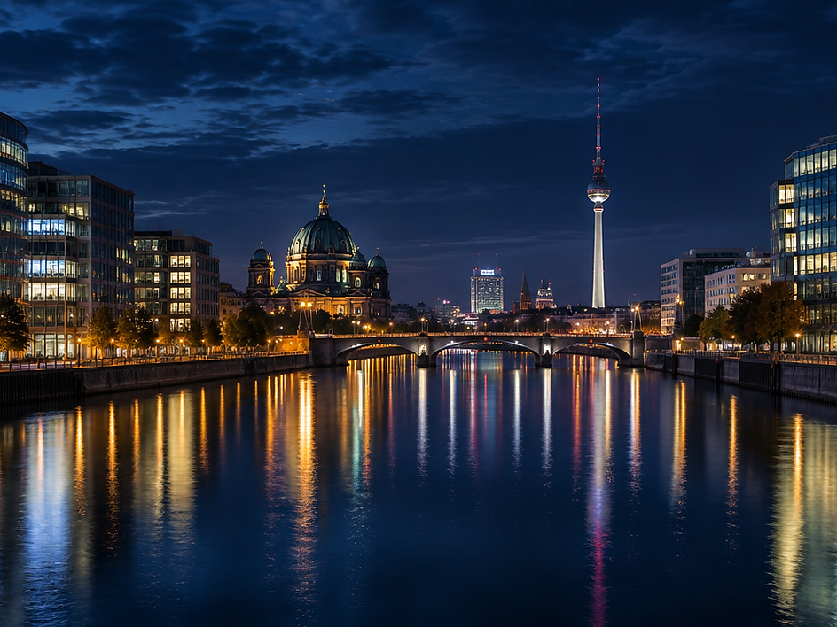 Berlin bei Nacht mit beleuchteten Brücken und Bürotürmen