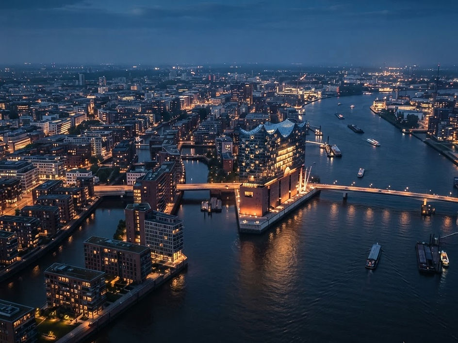 Hamburger HafenCity zur blauen Stunde mit Elbphilharmonie