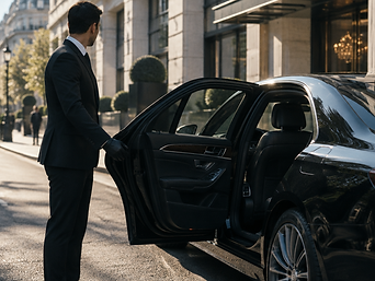 Chauffeur öffnet die Tür eines schwarzen Fahrzeugs