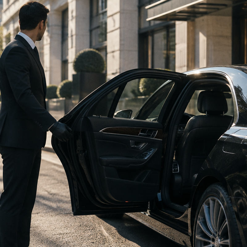 Chauffeur öffnet die Tür eines schwarzen Fahrzeugs