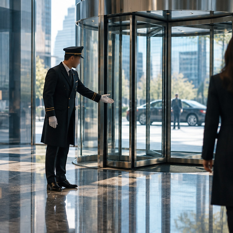 Concierge im Eingangsbereich eines modernen Gebäudes