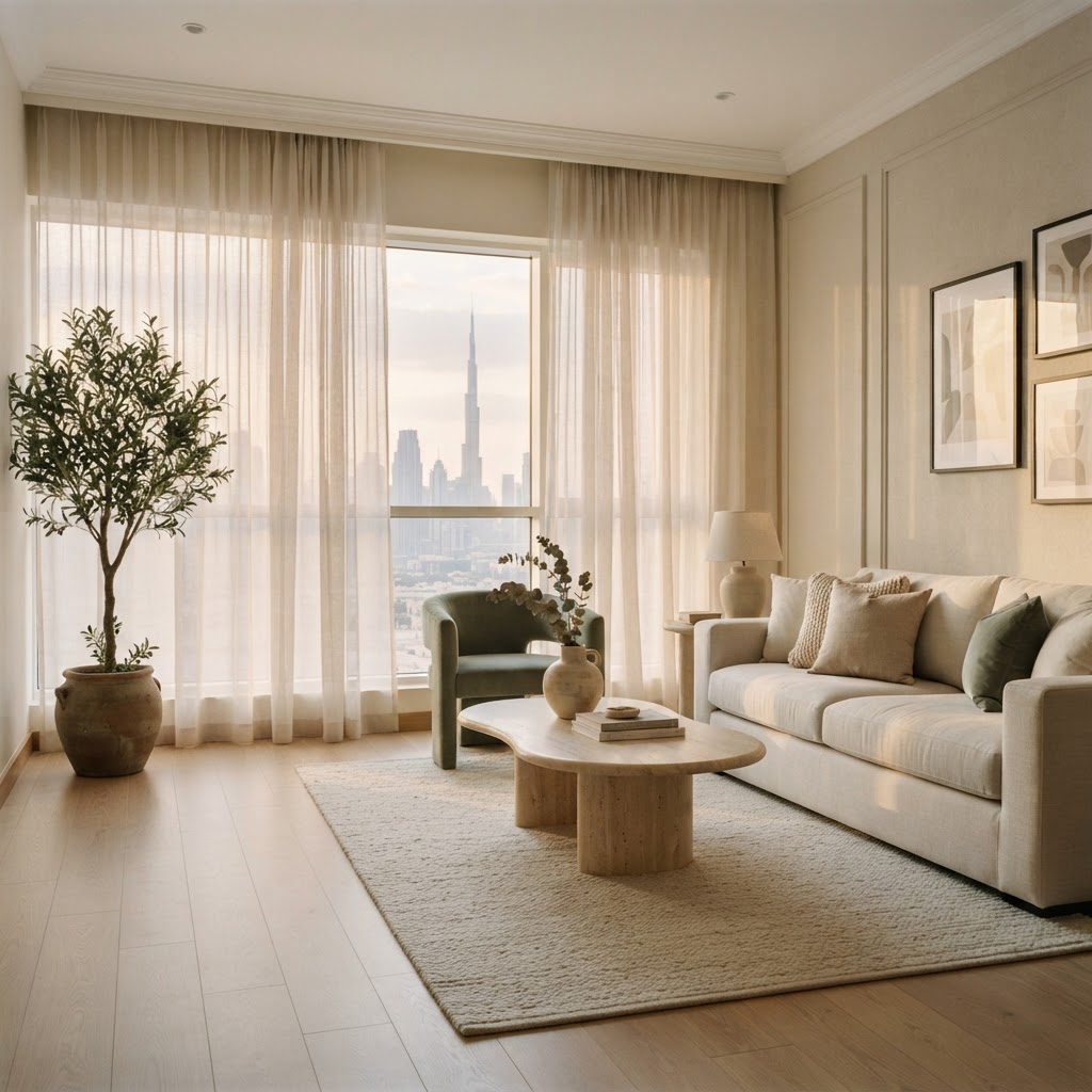 A calm, spotless apartment living room in Dubai