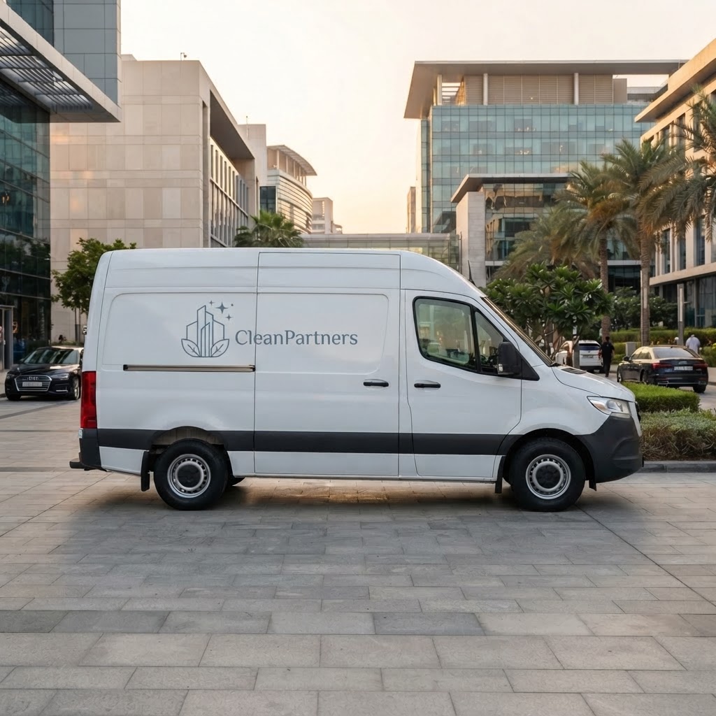 A CleanPartners branded van in a Dubai business park