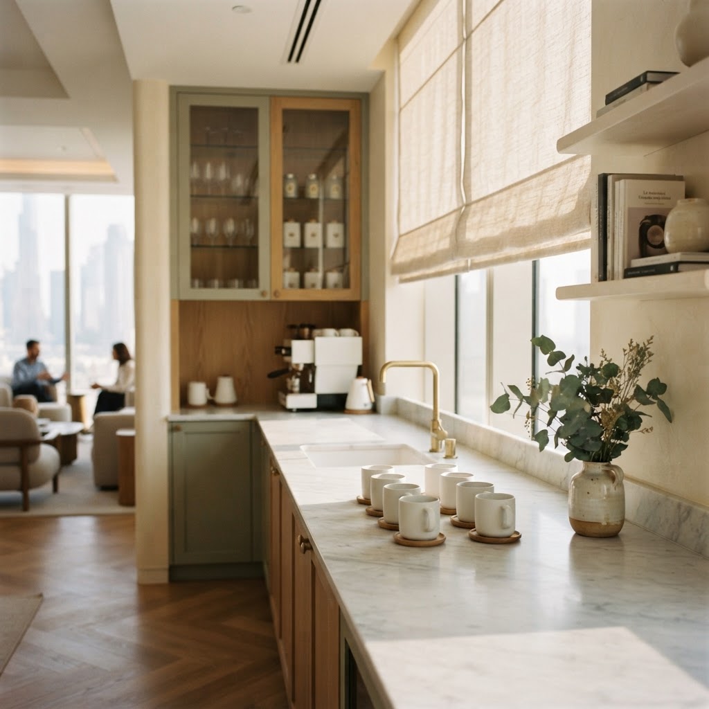 A spotless office pantry with a marble counter