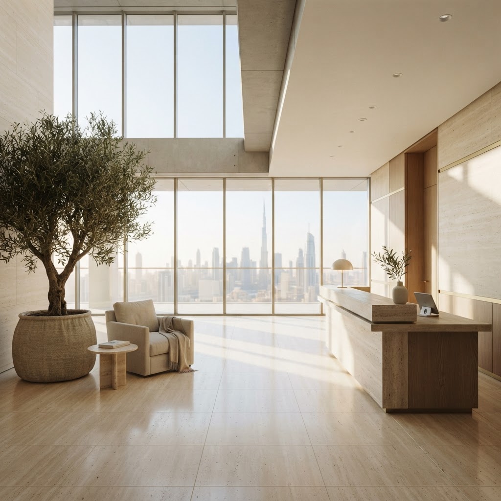A sunlit, immaculate office reception in Dubai