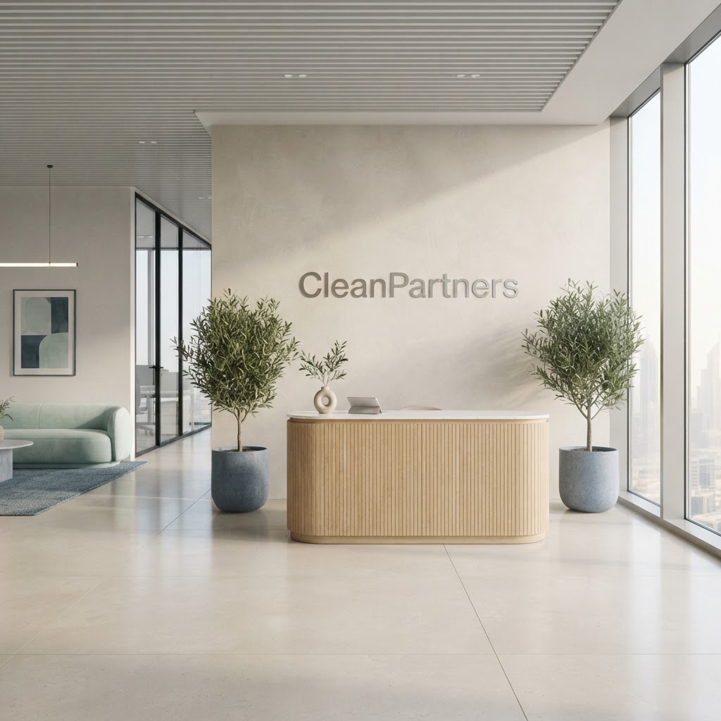 A CleanPartners branded office reception in Dubai
