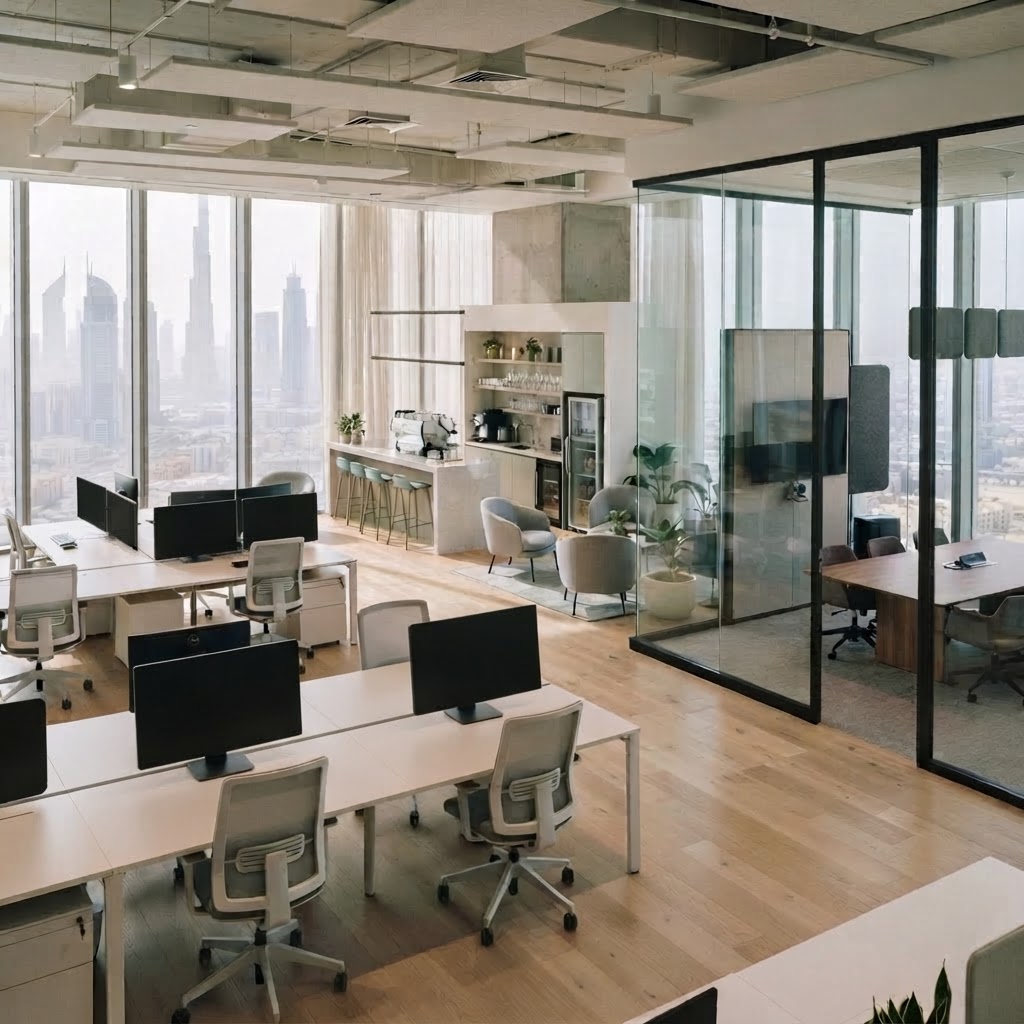 A clean open-plan office with desks, a glass meeting room and an office kitchen
