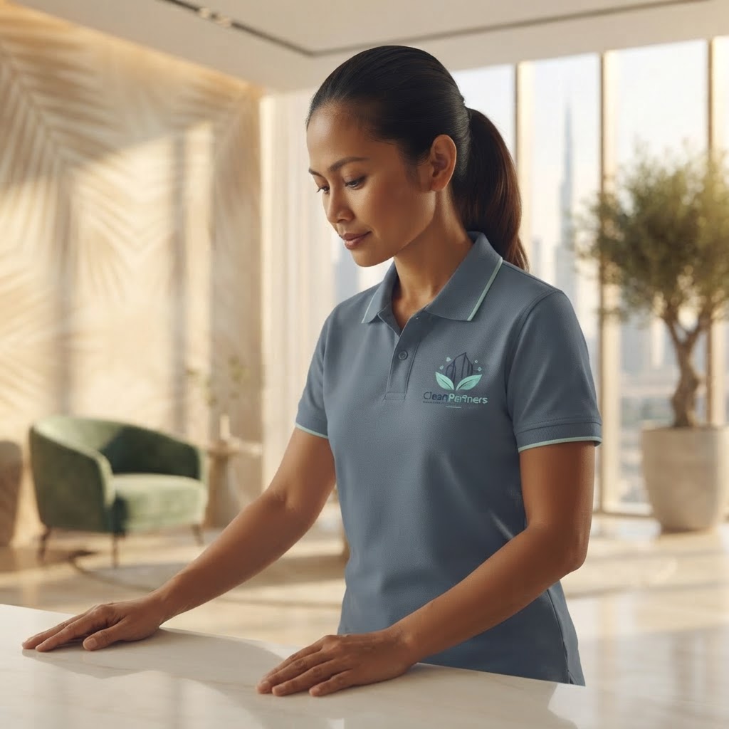 A CleanPartners cleaner in a branded slate polo shirt