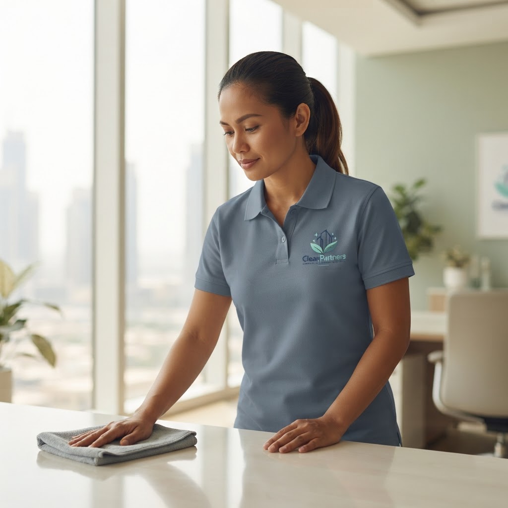 A CleanPartners cleaner working in an office