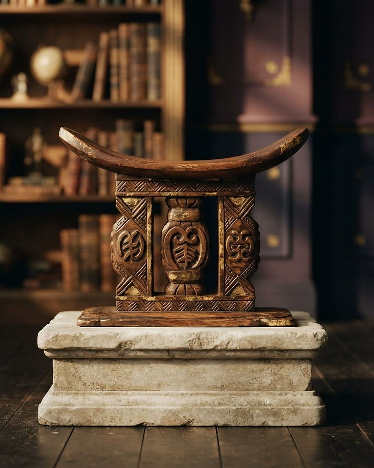 A carved ceremonial Ashanti stool standing in a study, representing the academy's commitment to traditional leadership and educational excellence