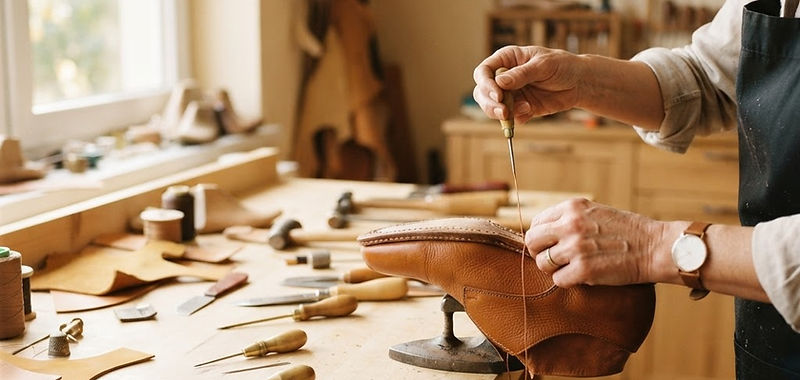 Mains d'artisan cousant une chaussure en cuir sur un établi lumineux