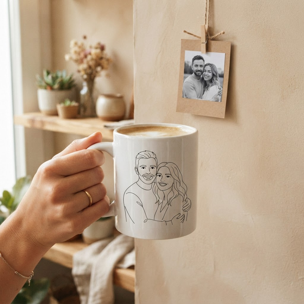 Taza con retrato dibujado a mano