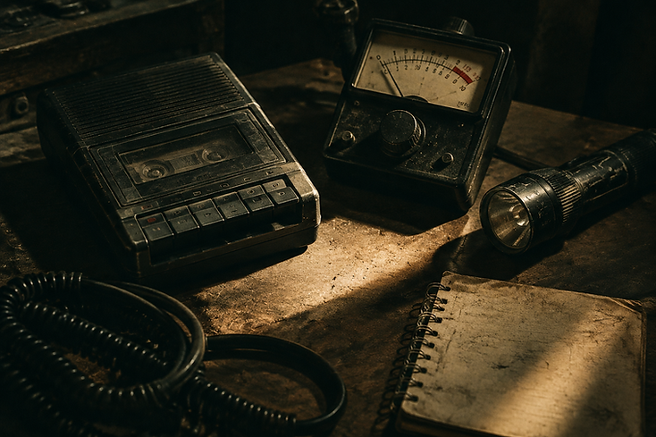 Vintage investigation instruments arranged on a wooden table