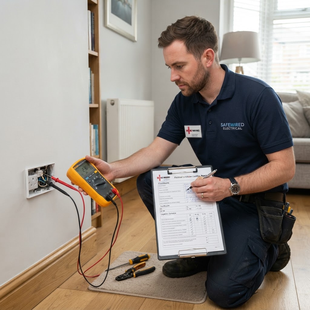 Electrician testing a socket during an electrical inspection