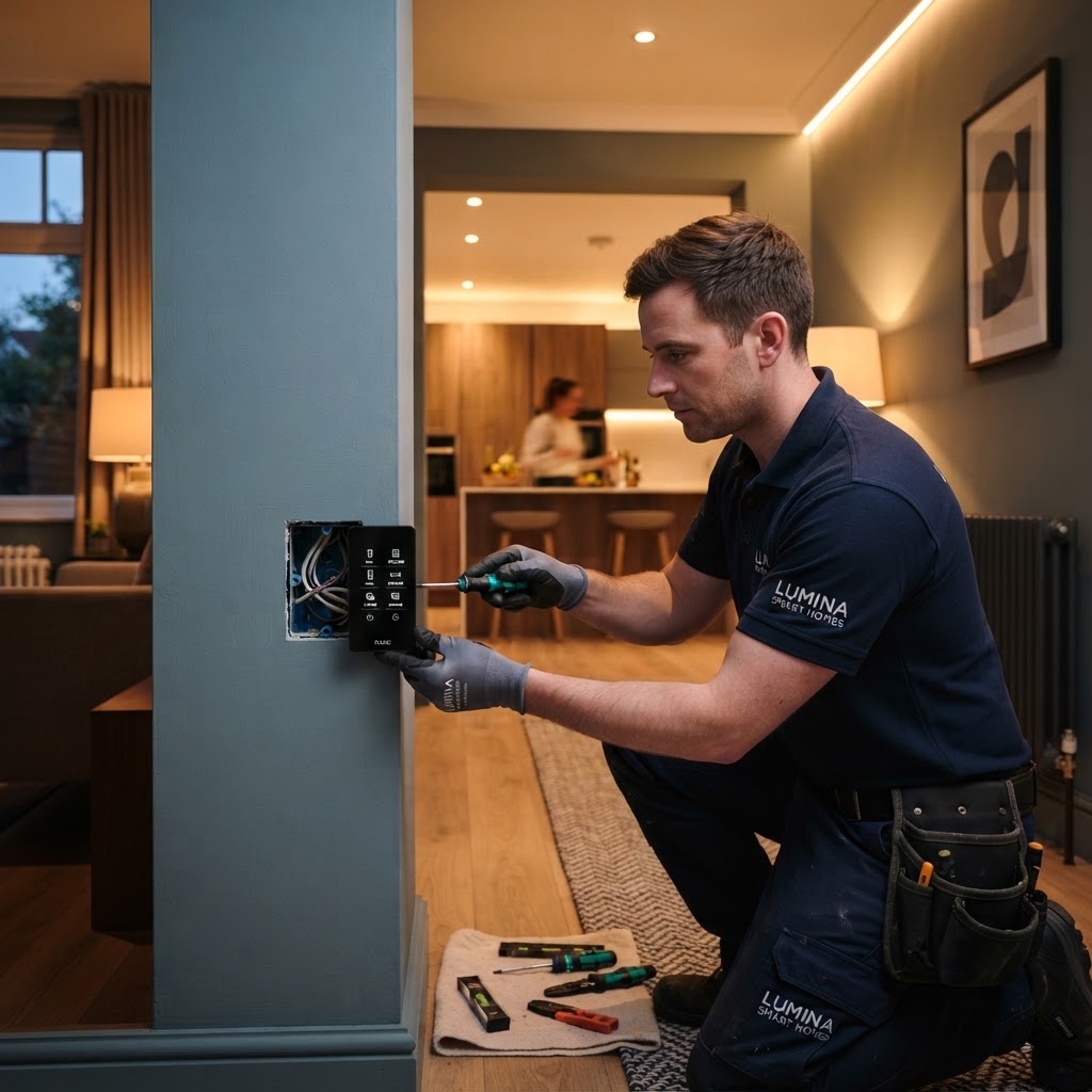 Electrician installing a smart home lighting control keypad