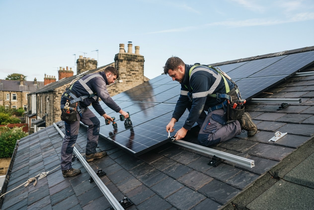 Electricians fitting solar panels