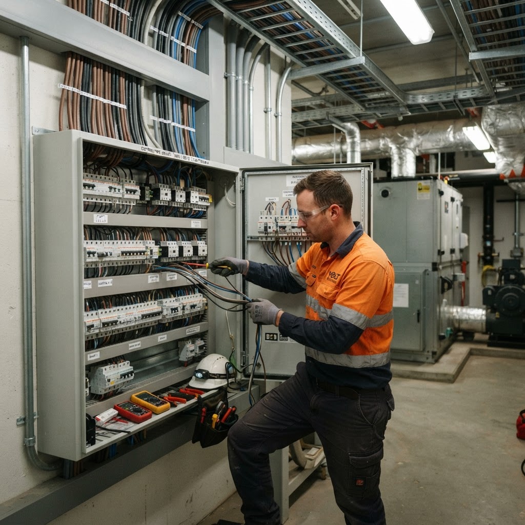 Electrician working on a three-phase commercial distribution board