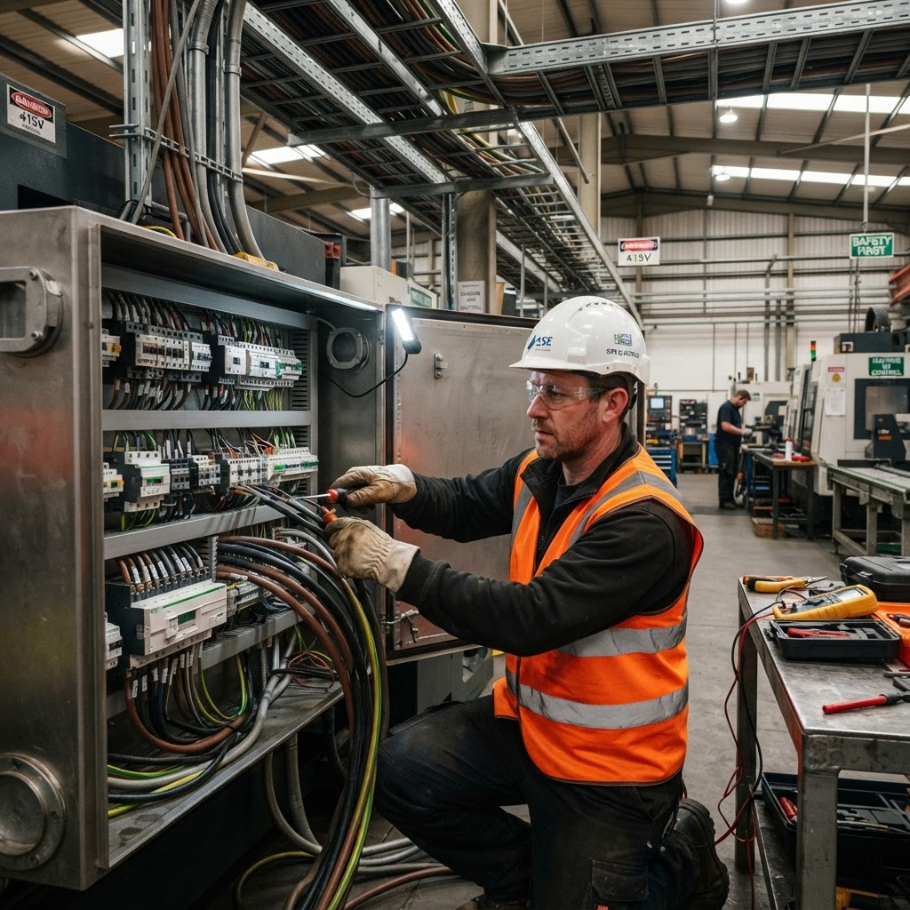 Industrial electrician working on machinery control panel wiring in a factory