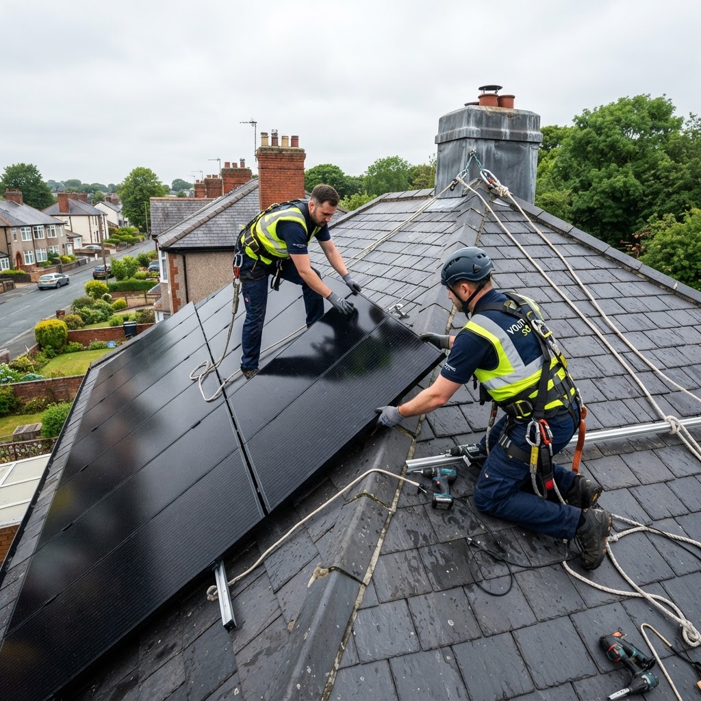 Two electricians installing solar panels on a UK rooftop