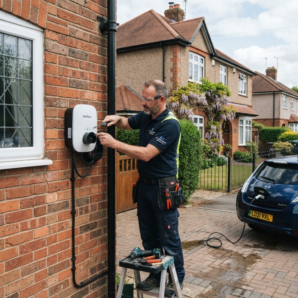 EV charge point being fitted to the exterior wall of a home
