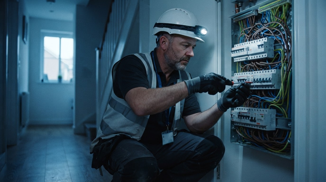 Electrician wiring a consumer unit