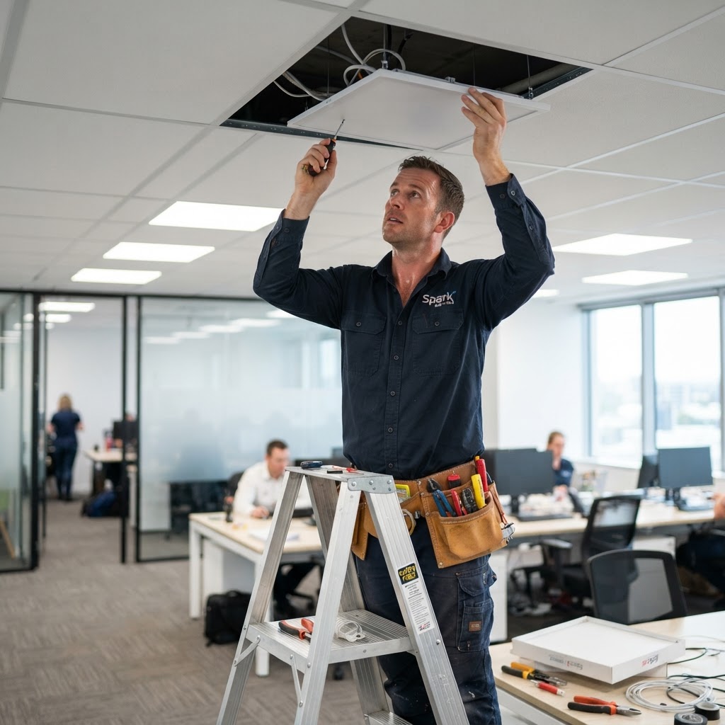 Electrician installing LED lighting panels in a commercial office